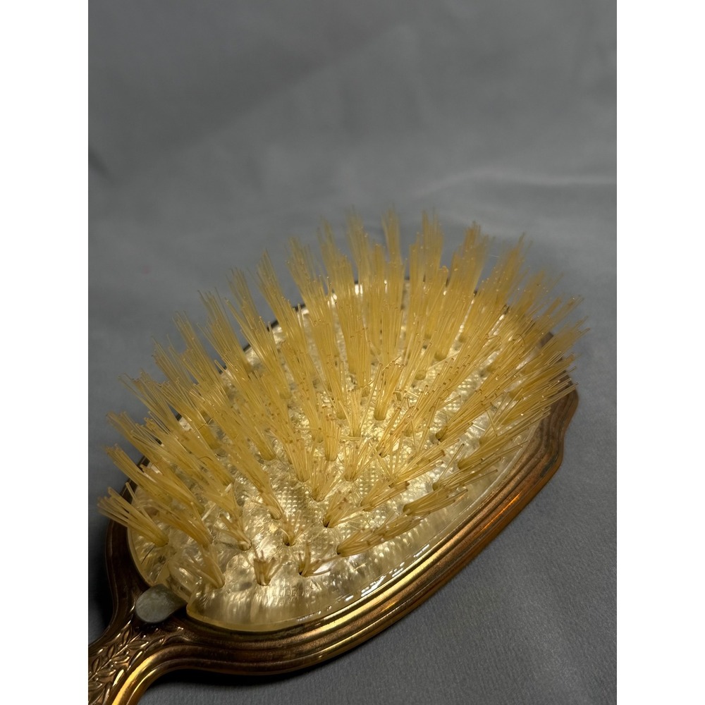 Vintage Mother of Pearl Inlay Gold Tone Vanity Set Hand Mirror Hairbrush 2pc - Picture 12 of 12